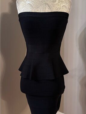 bebe Strapless Black Peplum Bandage Dress